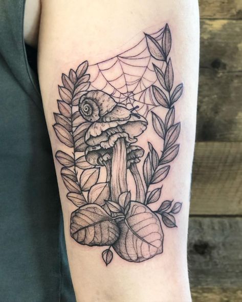 Book With Mushrooms Tattoo, Mushroom Gap Filler Tattoo, Mushroom Foliage Tattoo, Forest Mushroom Tattoo, Spooky Cottagecore Tattoo, Pumpkin Mushroom Tattoo, Whimsical Forest Tattoo, Goth Nature Tattoo, Snail And Mushroom Tattoo