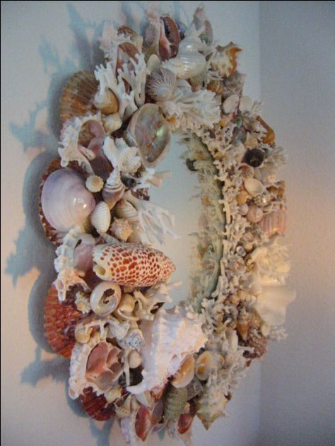 decorating mirrors with shells | California Sea Shell Mirror For Sale | Antiques.com | Classifieds Decorating Mirrors, Shells Display, Sea Shell Mirror, Seashell Mirrors, Shell Furniture, Shell Mirrors, Decor With Ropes, Sea Shells Diy, Seashell Mirror