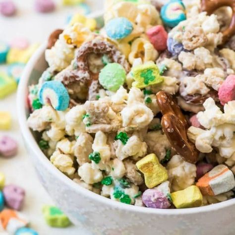 Chocolate Chex Mix Recipes, Lucky Charms Treats, White Chocolate Popcorn, Chocolate Chex, Lucky Charms Cereal, Magically Delicious, Muddy Buddies, Chocolate Popcorn, Sticky Toffee Pudding