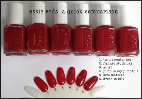 Essie Red Comparison Swatches Nail Polish Color Ideas, Essie Red Nail Polish, Twin Sweater, Opi Red Nail Polish, Hand Nails, Essie Polish, Opi Nail Colors, Essie Gel Couture, Essie Gel