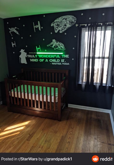 Starwars Nursery Boys, Nursery Themes Star Wars, Star Wars Nursery Ideas, Starwars Nursery, Star Wars Art Baby Room, Starwars Nursery Mural, Star Wars Baby Nursery, Star Wars Themed Nursery, Star Wars Themed Nursery Pottery Barn Kids