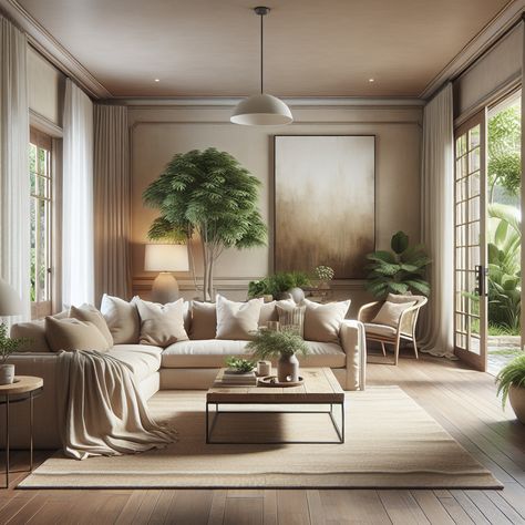 This tranquil space combines earthy tones with simple furnishings. On one side, there's a tall, lush indoor plant providing a touch of greenery. Walls are adorned with neutral-colored abstract art. French doors allow for plenty of natural light to stream in, highlighting the polished hardwood floor. Overhead, a tastefully chosen pendant lamp illuminates the room. This picture-perfect setting, radiating comfort and tranquility, can serve as inspiration for a home remodel. Tranquil Home Decor, Serene Home Decor, Neutral Tones Living Room, Serene Living Room, Home Retreat, Tranquil Home, Textured Fabrics, Beauty Of Simplicity, Living Room Design