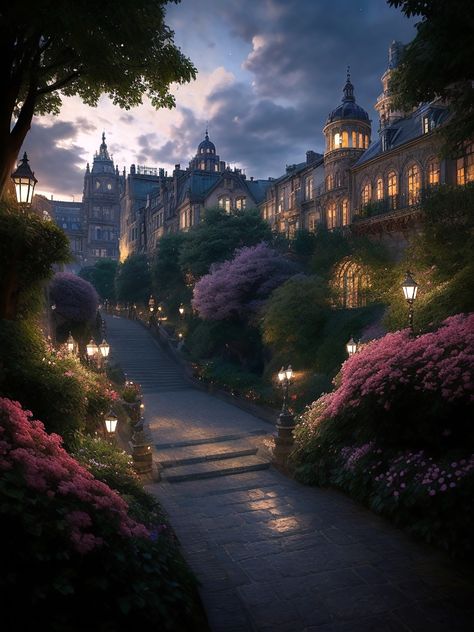 Places That Look Like A Fairytale, Dystopian Fantasy World Aesthetic, Fantasy Place Aesthetic, Modern Fantasy City Aesthetic, Fantasy City Aesthetic, Modern Fantasy City, Spring Kingdom, Spring Castle, Fantasy Mansion