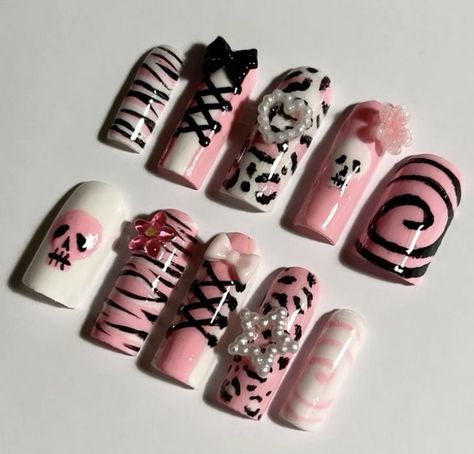 Pink Emo Nails, Scene Kid Nails, Scene Nails Emo, Scene Nails, Emo Nails, Pink 2000s, Future Nails, Luv Nails, Quinceanera Nails