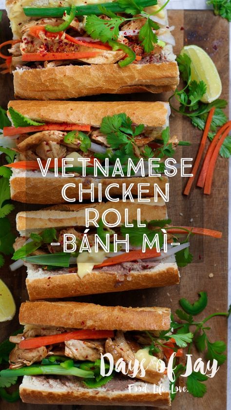 From the laneways of Vietnam to Sydney's inner west, there are few foods more satisfying than a Vietnamese Chicken Bánh Mì. They're a true flavour explosion, packed with juicy, tender chicken, pickled vegetables, pâté, fresh herbs and lots of spice. Chicken Bahn Mi Sandwich, Chicken Bahn Mi, Vietnamese Chicken, Bahn Mi, Chicken Roll, Chicken Liver Pate, Chicken Ideas, No Carb Recipes, Chicken Rolls