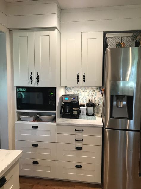 Coffee Microwave Bar, Microwave Tower Kitchen, Built In Pantry Cabinet Wall With Coffee Bar, Coffee Bar With Microwave, Pantry Update, Green Country Kitchen, Built In Coffee Bar, Single Wall Kitchen, Tall Cabinets