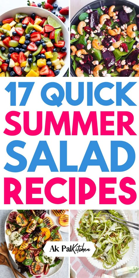 Summer salad recipes are a must-try this season. Enjoy easy healthy summer salads like spinach and strawberry salads or classic Greek salads. Dive into tropical salad recipes and summer fruit salads bursting with flavor. Our summer BBQ salad recipes and grilled vegetable salads will complement any meal. Don't miss the pasta salad recipes and fresh summer corn salad for filling yet refreshing options. Our varied summer recipes, including avocado and berry salads, are sure to delight. Summer Salads Recipes For Bbq, Filling Salad Ideas, Easy Fast Salads, Cold Vegetable Salad Recipes, Easy Cold Vegetable Side Dishes, Regular Salad Recipes, Easy Salad For Bbq, Easy Summer Salads Healthy, Quick And Easy Summer Salads