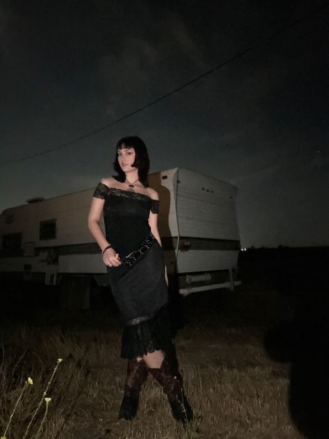 Southern Outfits Aesthetic, Dark Country Outfits, Gothic Fashion Outfits, Black Southern Gothic, Southern Gothic Outfits, Ethel Cain Core, Black Cowgirl Boots Outfit, Black Silk Midi Skirt, Black Cowgirl Outfit