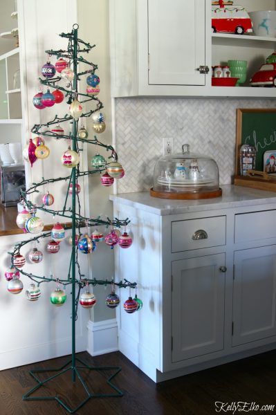 Displaying Ornaments Without A Tree, Ways To Display Ornaments Without A Tree, How To Display Ornaments Without A Tree, Holiday Decor Hacks, Cozy Christmas Home, Wire Christmas Tree, Dough Crafts, Ornament Tree Display, Whimsical Christmas Decor