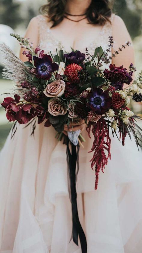 30 Stunning Wedding Bouquets for Autumn Brides to Inpire - Elegantweddinginvites.com Blog Moody Floral Bouquet, Moody Bride Bouquet, Moody Jewel Tone Bouquet, Dark Romantic Bouquet, Ribbon Bridal Bouquet, Moody Wedding Bouquets, Moody Bouquet Wedding, Moody Flower Bouquet, Gothic Wedding Flowers Bridal Bouquets