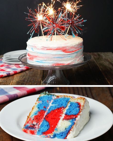 Marbled 4th Of July 'Box' Cake Recipe by Tasty Box Cake Recipe, Box Cake Recipes, Fourth Of July Cakes, Blue Frosting, 4th Of July Cake, 4th Of July Desserts, Dessert Party, July Ideas, Fourth Of July Food