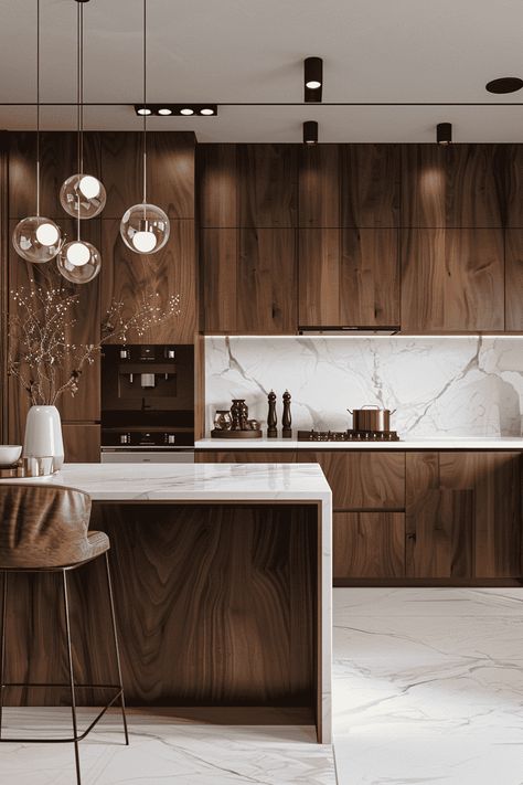 Laminate Wood Flooring Kitchen Dark Cabinets, Modern Walnut Kitchen Design, Gorgeous Kitchens Luxe, Elegant Homes Interior Luxury, Kitchen Brown Cabinets White Counter, Walnut Wood Interior Design, Kitchen Cabinets Modern Contemporary, Walnut Interior Design, Warm Contemporary Kitchen