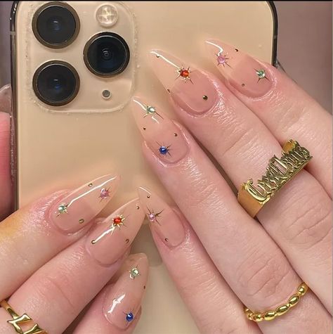 Diamond Nail Designs To Inspire Your Next Set Rainbow Rhinestone Nails, Modern Almond Nails, Nails With Gems Simple, Easy Gel X Designs, Nail Jewel Design, Kali Uchis Nail Ideas, Thailand Nails, Whimsical Nail Art, Celestial Nail Art