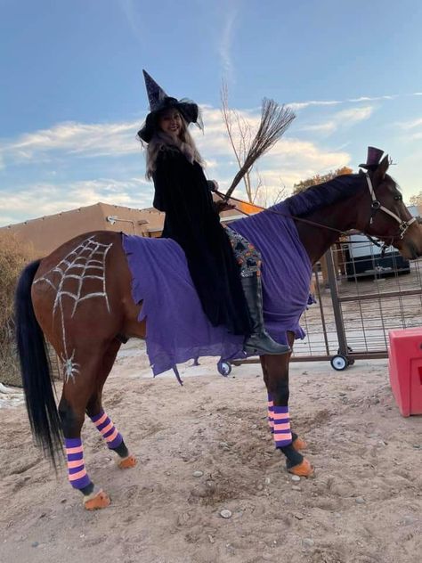 Witch Horse Costume, Horse Riding Halloween Costumes, Black Horse Halloween Costumes, Horse And Rider Halloween Costumes Diy, Halloween Costumes Horse And Rider, Easy Horse Costumes, Equestrian Halloween Costumes, Horse And Owner Halloween Costumes, Horse And Rider Costumes Diy Easy