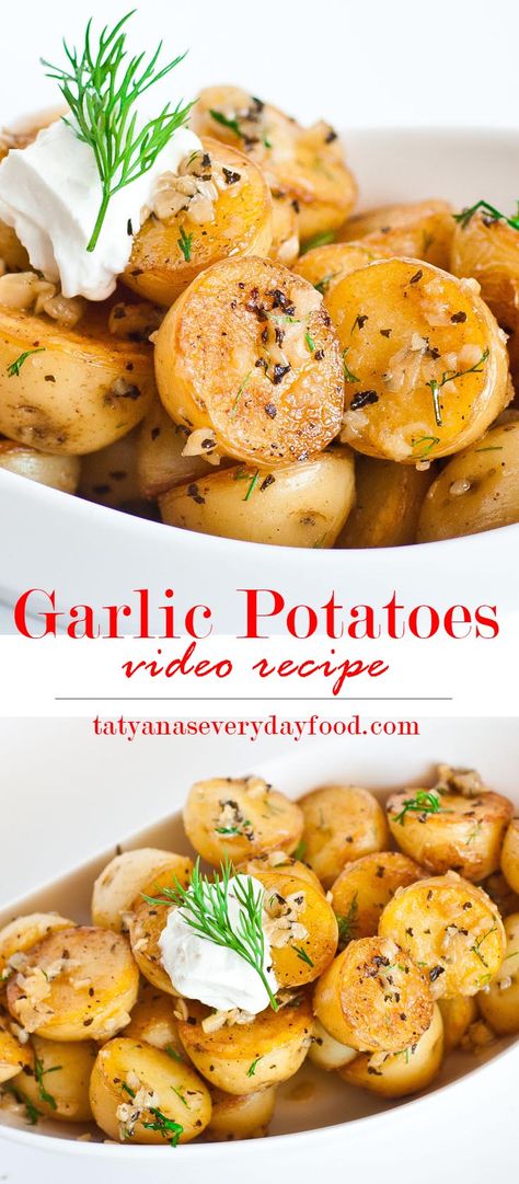 Pan-Seared Garlic Potatoes - Tatyanas Everyday Food Pan Seared Potatoes, Seared Potatoes, Garlic Baby Potatoes, Low Fat Chicken Recipes, Potatoe Recipes, Veggies Recipes, Side Dishes For Chicken, Potatoes Recipes, Garlic Potatoes