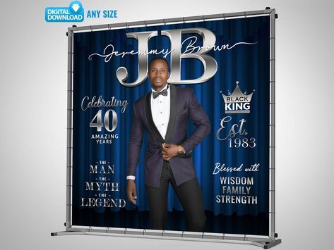 "Custom Fashion Magazine Cover Backdrop with Photo - Luxurious Design with Royal Blue Curtains and Silver Initials and text Celebrating your birthday isn't selfish, it's generous!  Impress everyone at your birthday party with this fabulous and unique backdrop. <> 1️⃣PERSONALIZATION You provide pictures and the text, and I'll do the rest: photo editing, image quality enhancement, background removal, and adding the title and text. After your purchase, you'll receive a message with more details. 2️ Decoration For Men's Birthday, Blue Birthday Party Decorations Men, Blue Retirement Party Decorations, Blue Black And Silver Party Decorations, Black And Blue Birthday Decorations, Party Ideas For Men, 50 Shades Of Blue Birthday Party, Royal Blue Birthday Party Ideas, Men Birthday Party Ideas Decoration Blue