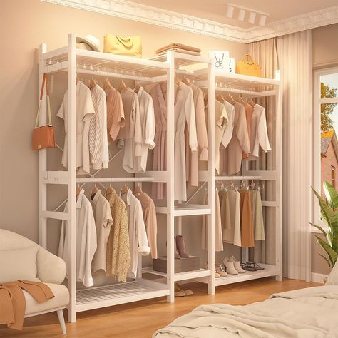 Portable Walk In Closet, Freestanding Closet System, Freestanding Closet Ideas, Free Standing Closet Ideas, Bamboo Clothes Rack, White Shelving Unit, Freestanding Closet, Sf Apartment, Standing Closet