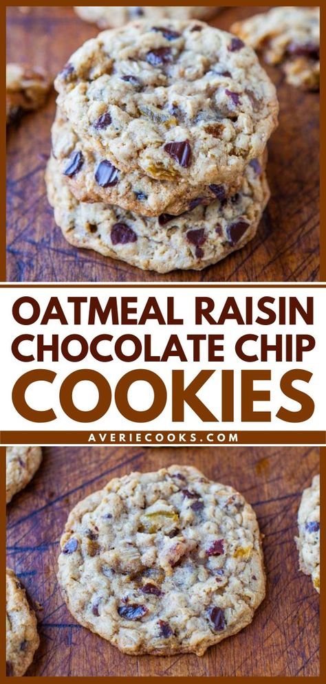 Want more dessert ideas? Try this easy cookie recipe! These soft, chewy oatmeal cookies are loaded with raisins and chocolate chips. Keep a log of these slice-and-bake cookies in the freezer for future cravings! Chocolate Chip Oatmeal Raisin Cookies, Chocolate Raisin Cookies, Raisin Chocolate Chip Cookies, Oatmeal Raisin Chocolate Chip Cookies, Soft Chewy Oatmeal Cookies, Oatmeal Raisin Bars, Bake Oatmeal, Chewy Oatmeal Cookies, Easy Cookie Recipe