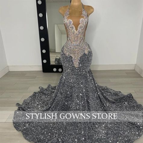 Prom Dress Black Women Silver, Silver Grey Prom Dress, Prom Dresses Crystals, Gray Prom Dress Black Women, Aliexpress Prom Dress, Silver Glitter Prom Dress, Prom Nails For Silver Dress, Grey Prom Dresses Black Women, Sliver Prom Dresses Black Women