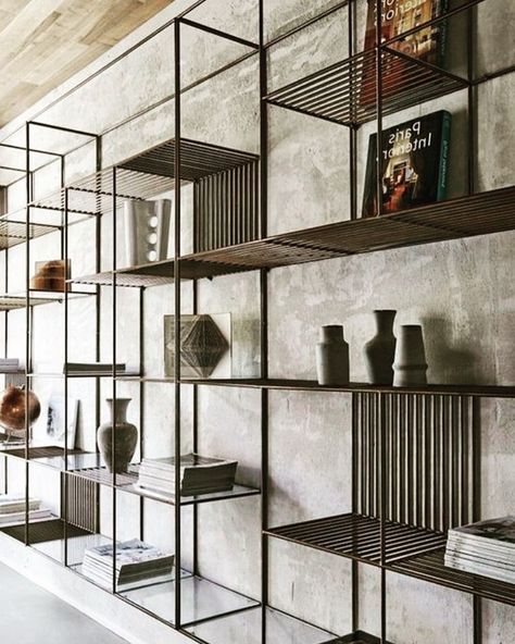 FEEEL design’s Instagram photo: “This metal and glass shelving/storage system can be fabricated with wood elements as well. . 🙏Please let us know if you would use this…” Bookshelves Storage, Diy Bookshelves, Cool Bookshelves, Industrial Style Decor, Bookshelf Storage, Industrial Interior Design, Bookshelf Design, Bookshelves Diy, Chaise Design