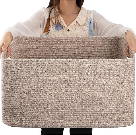 Amazon.com: OIAHOMY 70L Large Cotton Rope Basket 22”x17”x12”, Woven Nursery Laundry Blanket Basket,Storage Basket with Handle,Brown variegated : Baby Large Blanket Basket, Basket Living Room, Blanket Storage Basket, Cotton Rope Basket, Pillow Storage, Laundry Basket Organization, Toy Storage Bins, Dirty Clothes Basket, Large Blanket