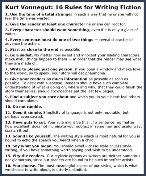 Kurt Vonnegut: Give your readers as much information as possible as soon as possible. Find a subject you care about and feel others should care about. #writers #writing Group Prompts, Rules For Writing, Writing Rules, Novel Tips, Writing Fiction, Writing Plot, Writing School, Writing Groups, Learning Tips