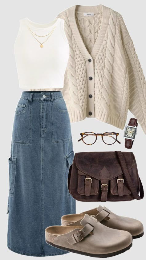 #downtowngirl #falloutfit #modestoutfit #modest #longjeanskirt #white #offwhite #cardigan #clogs #christiangirl #outfitinspo #fallfit #schoolfit #fallaesthetic #comfy #vintage Acubi Outfit, Acubi Fashion, Modest Casual Outfits, Church Fits, Modesty Outfits, Casual Skirt Outfits, Church Outfit, Cute Modest Outfits, Fall Fit