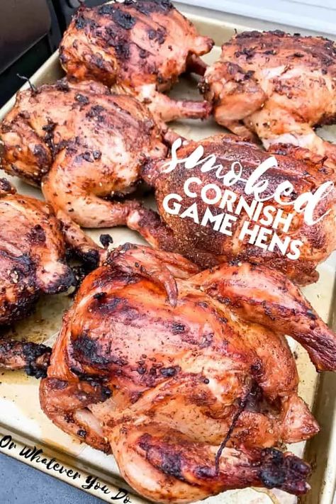 Traeger Smoked Cornish Hens | Grilled Cornish Game Hens Recipe Grill Dinner Recipes, Smoked Cornish Hens, Grilled Cornish Hens, Trager Grill, Hen Recipes, Game Hen Recipes, Whiskey Chicken, Cornish Game Hen Recipes, Grill Dinner