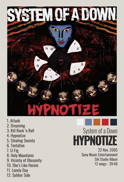 poster for system of a down album "hypnotize" free to use, modify, download, print without credit - enjoy! Rock Polaroid Poster, System Of A Down Album Cover, System Of A Down Poster, Minimalist Music, Album Posters, Music Poster Ideas, Music Poster Design, System Of A Down, Movie Poster Wall