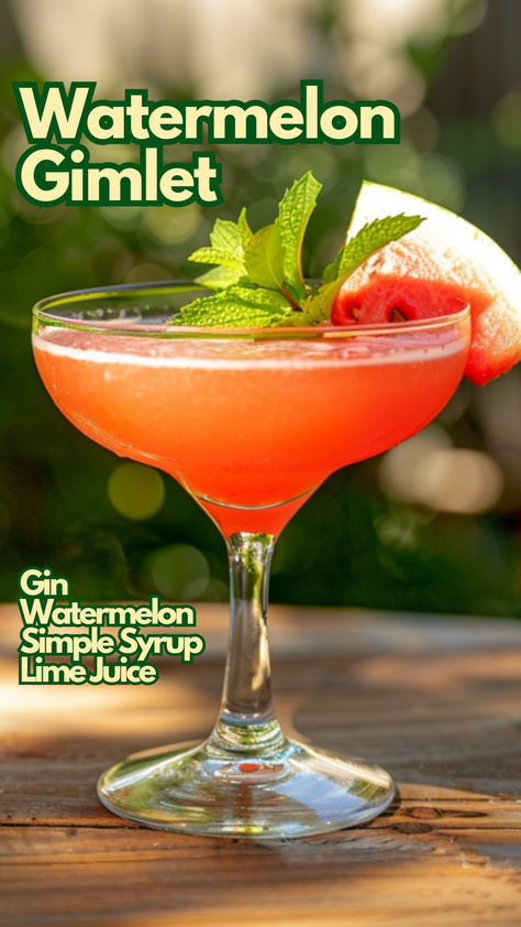 Watermelon Gimlet Watermelon Gin Cocktail, Bartending Ideas, Watermelon Recipes Drinks, Watermelon Cocktails, Easy Gin Cocktails, Gimlet Recipe, Gimlet Cocktail, Easy Summer Cocktail Recipes, Watermelon Cocktail