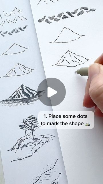 Daria Bogdanova on Instagram: "Drawing a mountain in a few steps 🏔️✍🏻  Quick recap of the live session from last week 👍  Tomorrow will be trees! 🌲🌳 Join me at 10 am Finnish time or watch the recording later.  Let me know if you have any questions!  #drawingtutorials #howtodraw #sketchingtutorial #landscapesketching #landscapearchitecturestudent" How To Draw Mountains Step By Step, Drawing Mountains, Mountain Drawing, Instagram Drawing, Sketches Tutorial, Join Me, Drawing Tutorial, The Live, Doodles