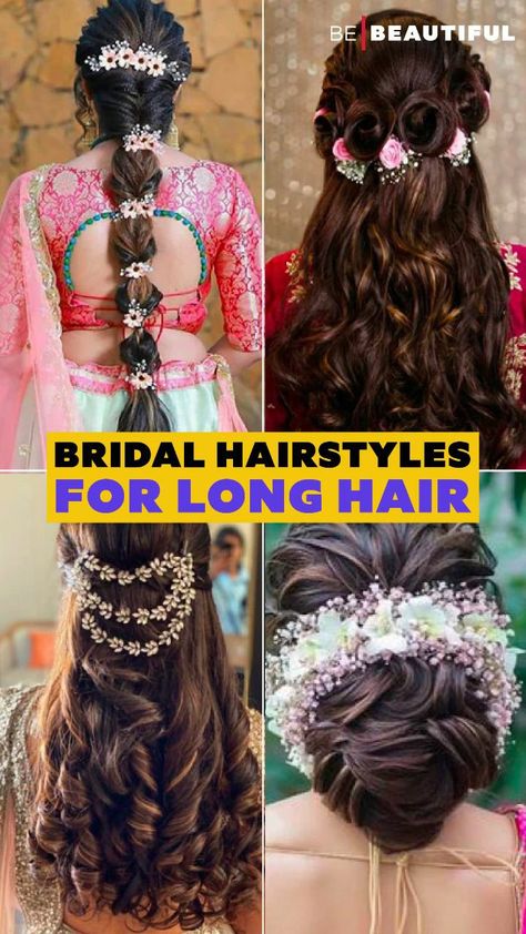 The only difficulty that brides with long hair may face, if any, is the fact that hairstyles may get a little heavy and tiring to pull off, owing to the length of the ceremonies. But well, it’s just one day, and that too, a very special one. A word of caution though, ensure that your stylist does a good job of keeping the hairstyle intact, especially if you have long hair. We are ready to help you up your hair game. Take a look at our specially curated list of wedding hairstyles for long hair Hairstyle For Heavy Face, Indian Wedding Hairstyles For Long Hair, Bridal Hairstyles For Long Hair, Wedding Lists, Bride Hairstyles For Long Hair, South Indian Wedding Hairstyles, Hear Style, Look And Find, Wedding Bun