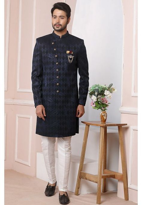 Midnight Blue Jacquard Silk Men Indo Western Indo Western Dress For Men, Indo Western For Men, Indian Wedding Clothes For Men, Dark Blue Velvet, Sherwani For Men, Indo Western Dress, Fancy Buttons, Festive Wear, Indo Western