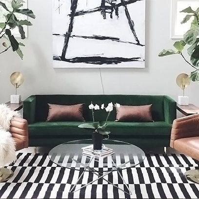 Modern Furniture and Home Decor | CB2 Green Accents Living Room, Green Sofa Design, Black And White Rugs, Emerald Green Sofa, Green Sofas, Colorful Sofa, Couch Black, White Rugs, Black And White Rug