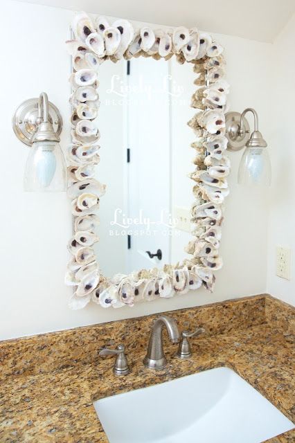 Lively Liv: {diy project: oyster shell mirror} Oyster Mirror, Diy Oyster Shell, Oyster Crafts, Oyster Shell Mirror, Antique Mirror Tiles, Bathroom Downstairs, Beach Crafts Diy, Coastal Crafts, Diy Beach Decor