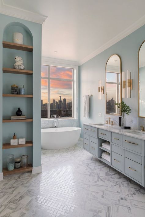 A light blue bathroom featuring soft blue walls and minimalist decor, bringing a calm and airy feel with white and neutral accents. Slate Blue Bathroom Ideas, Baby Blue Bathroom, Light Blue Bathroom Decor, Blue Bathroom Decor Ideas, Blue Bathroom Design, Blue Decor Ideas, Blue Bathroom Ideas, Blue Bathrooms, Light Blue Bathroom