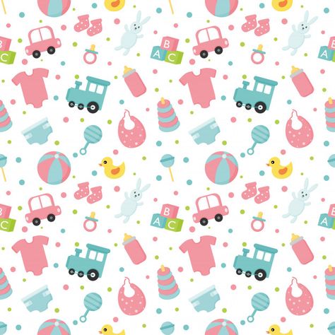 Baby toys and clothes seamless pattern. newborn illustration. Baby Prints Pattern, Baby Prints Pattern Design, Baby Pattern Illustration, Kids Pattern Design, Toys Print, Newborn Illustration, Clothing Printing, Digital Paper Free, Cute Whale