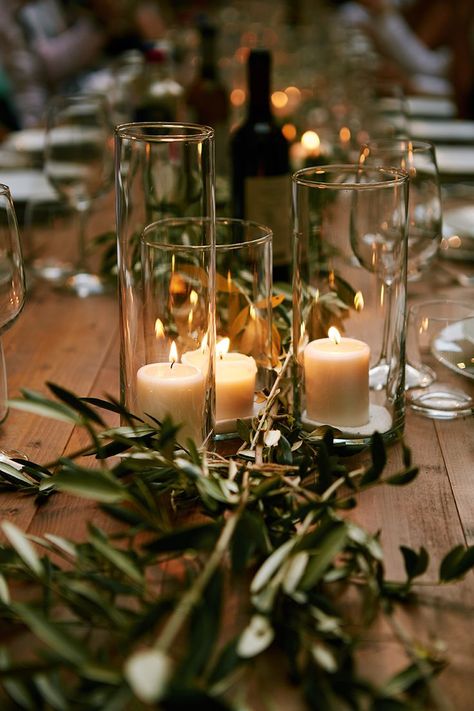 Wedding Flower Decor, Olive Branch Wedding, Greenery Wedding Centerpieces, Wedding Candles Table, Olive Wedding, Wedding Table Decoration, Olive Leaves, Tuscan Wedding, Candle Table