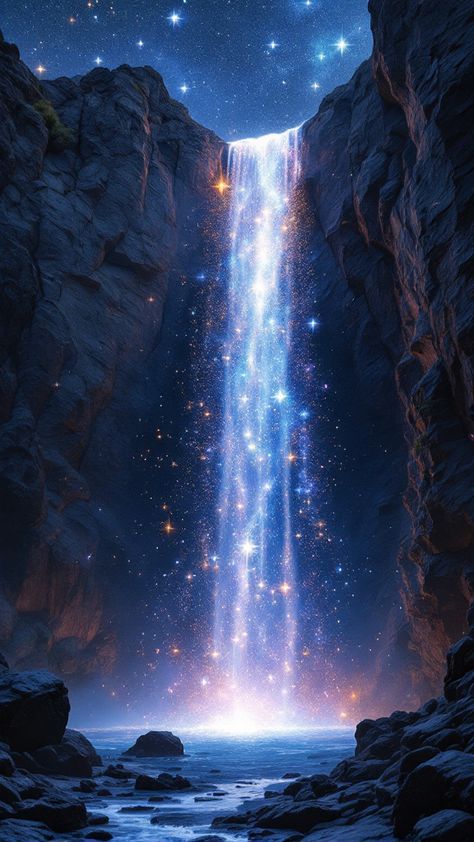 This stunning image captures an otherworldly scene where a mesmerizing waterfall spills not ordinary water, but a cascade of stars and ethereal cosmic dust from the precipice of a rugged cliff. The celestial particles tumble downward, forming a luminous pool at the base that casts an enchanting glow across the jagged terrain. Wrapped in a motif of serene starlight, the scene seamlessly combines elements of earthly nature – like surrounding rocks and plants, accented by the visible sky. Moonlit Garden, Cosmic Dust, Blending Techniques, Make Your Eyes Pop, Nice Images, Essential Products, Water Element, Smokey Eyes, Eye Makeup Tips