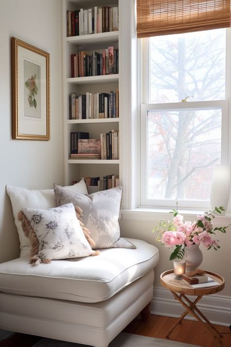 Bookcase In Entryway, Reading Nook And Office, Aesthetic Bookcase, Bridgeton House, Sala Vintage, Bedroom Library, Casa Vintage, 아파트 인테리어, Library Ideas