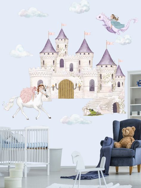 Create a fairy tale atmosphere in your space with our enchanting princess castle wall decal. This watercolor-style design features a castle, a white horse, a friendly dragon, and a charming frog. Visit our Etsy store to bring the magic of these characters to your walls! Castle Wall Decal, Castle White, Friendly Dragon, Mural Bedroom, Unicorn Room, Wall Fabric, Flying Dragon, Dragon Wall, Castle Wall