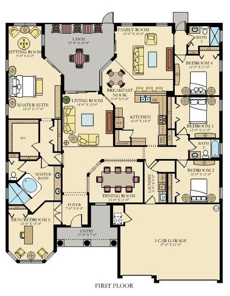 This floor plan has everything I want- 4 bedrooms with one being a guest, extra space for sewing and computer spaces, formal and informal living areas- but not overly big. Housing Plans, House Drawings, Plan Layout, Sims House Plans, House Layout, Spanish Style Homes, Modern Farmhouse Plans, House Blueprints, Level Homes