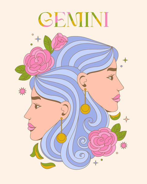 And because you asked for it, here’s Gemini! ♊️ Exploring a softer color palette for this one. I wanted it to complement the others in this series but hold true to this air sign’s color palette. Let me know what you think and comment below in which sign I should draw next! #adobedraw @adobedesign #adobevector #adobeillustrator #zodiacastrology #zodiacart #geminiseason #geminiart #astrologyart #astrologysigns #vectorartwork #artlicensing Gemini Drawing, Gemini Illustration, Gemini Art, Zodiac Sign Designs, Horoscope Art, Gemini Season, Zodiac Designs, Astrology Art, Zodiac Signs Gemini