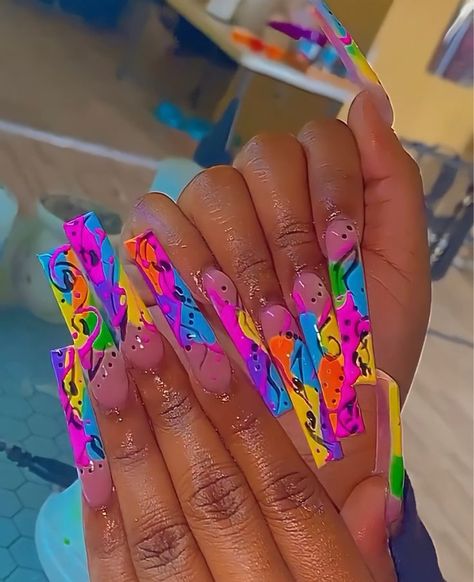 Neon Acrylic Nails Square, Bright Neon Acrylic Nails, Bright Acrylic Nails, 90s Nails, Neon Acrylic Nails, Curved Nails, Drip Nails, Long Nail Designs, Nails Design With Rhinestones