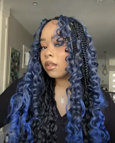 Braids With Blue Highlights, Black And Blue French Curl Braids, Blue And Black Braids With Curls, Black And Blue Boho Braids, Black And Blue Goddess Braids, Blue French Curl Braids, Blue And Blonde Braids, Blue Goddess Braids, Blue Boho Braids