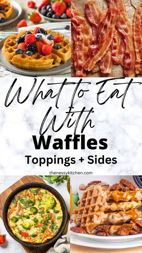 Wondering what to eat with waffles? I've got you covered! I've compiled a list of the best options that pair perfectly with this brunch classic (or if you're having breakfast for dinner!). From toppings and spreads to side dishes and drinks, I've got plenty of ideas for you! Waffle Bar Brunch Party, Waffles For Dinner Ideas, Waffle Ideas Topping, Waffle Topping Ideas Breakfast, Waffles Dinner Ideas, Breakfast Ideas With Waffles, Best Waffle Toppings, What To Eat With Waffles, Chicken And Waffle Bar Ideas