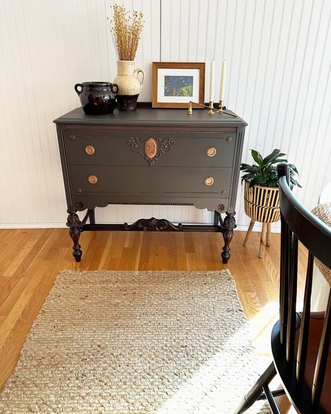 **SOLD** In love with this petite buffet 😍 scroll to the end to see the before pic. #buffet#antiquebuffet#antiquefurniture#refinishedbuffet#painefurniture#available#forsale Painted Empire Buffet, Victorian Buffet Table, Black Antique Buffet Table, 1940s Buffet Table, Vintage Buffet Cabinet Chairish