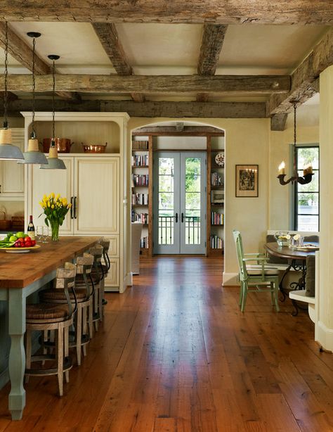 New Country French Cottage kitchen inspired by old French homes.  Love the beams, lights, floors, island, and aqua accents. French Country Cottages, French Cottage Kitchen, French Country Kitchen Designs, French Farmhouse Style, Country Cottages, Country Kitchen Designs, Rustic Kitchen Design, Wooden Floors, French Country Kitchen