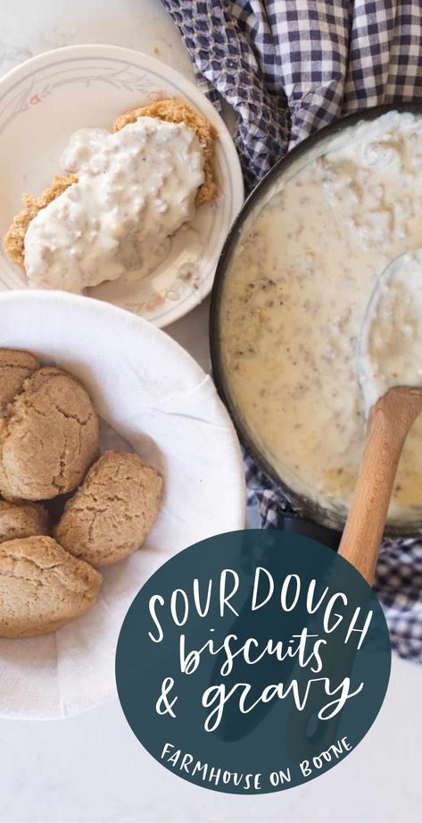 Deliciously tangy and buttery sourdough biscuits covered in a flavorful sausage gravy made from scratch. This homemade biscuits and gravy recipe is a classic Southern dish and a family favorite, made with farm fresh ingredients. The ultimate comfort food.  Healthy Breakfast Recipes // sourdough biscuits and gravy // sourdough biscuits // healthy family meals // Farmhouse on Boone Homemade Biscuits And Gravy, Food Healthy Breakfast, Comfort Food Healthy, Biscuits And Gravy Recipe, Recipes Kale, Homemade Breakfast Recipes, Gravy From Scratch, Recipes Spaghetti, Farmhouse On Boone