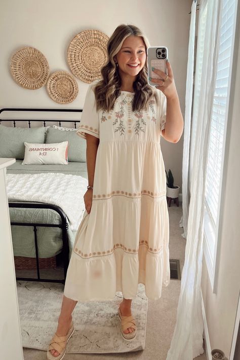 Cute Dresses Long Modest, Warm Easter Outfits, Modest Dress Casual, Modest Boho Dress, Church Dresses Fall, Fall Dresses Church, Lds Dresses Church Modest Clothing, Neutral Color Dresses Casual, Cute Boho Dresses